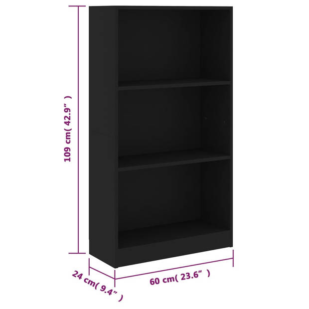 The Living Store Boekenkast met 3 schappen 60x24x109 cm bewerkt hout zwart - Kast