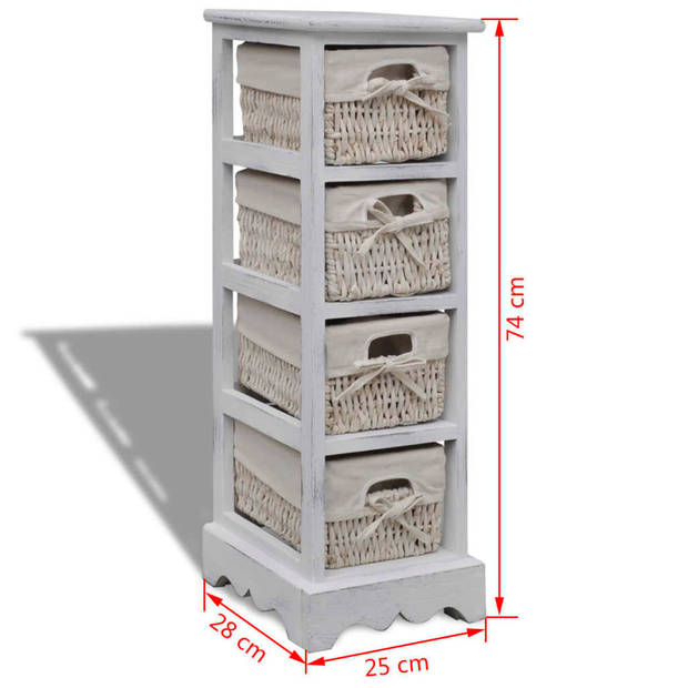 The Living Store Houten Kastje - Wit - 25x28x74cm - Incl - 4 Manden - Duurzaam Paulowniahout - The Living Store