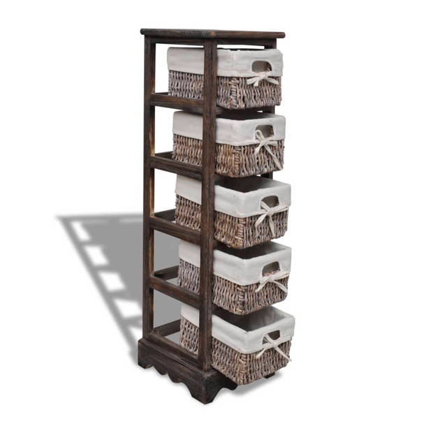 The Living Store Houten Kastje - 5 Lagen - Rattan Manden - Bruin - 25 x 28 x 90 cm