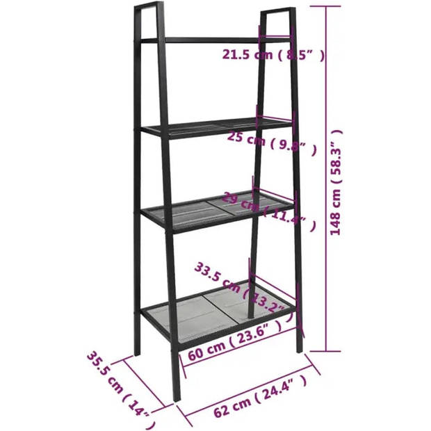 The Living Store Boekenrek - Compact ladderontwerp - 4 schappen - Staal - 62 x 35.5 x 148 cm