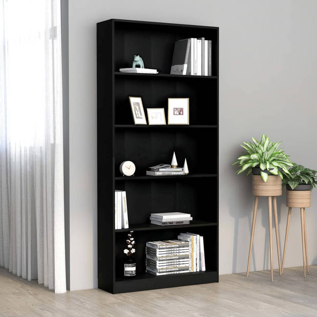 The Living Store Boekenkast - Zwart - 80 x 24 x 175 cm - Met 5-laags design