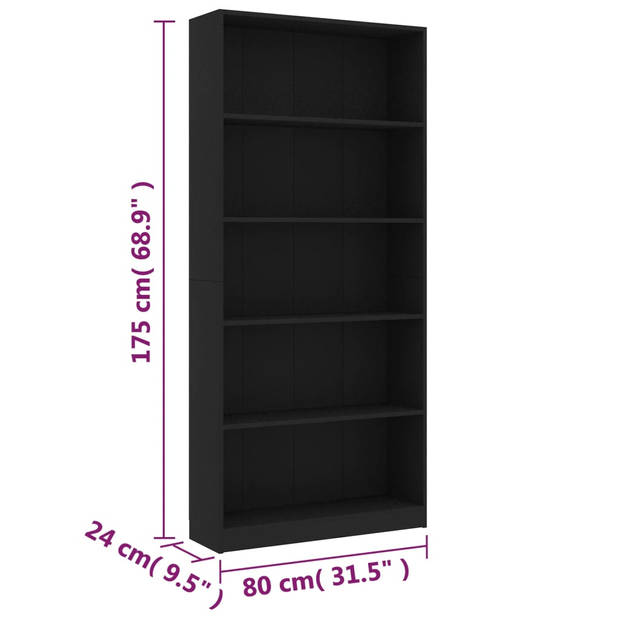 The Living Store Boekenkast - Zwart - 80 x 24 x 175 cm - Met 5-laags design