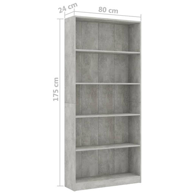 The Living Store Boekenkast - Betongrijs - 80 x 24 x 175 cm - 5-laags