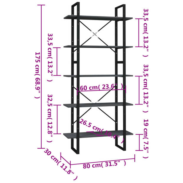 The Living Store Boekenkast - Grenenhout en metaal - 80x30x105 cm en 80x30x70 cm - Grijs