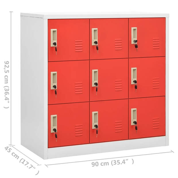 The Living Store Lockerkast - modern ontwerp - staal - lichtgrijs/rood - 90 x 45 x 92.5 cm - 9 lockers - met sloten