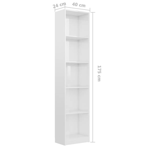 vidaXL Boekenkast 5 schappen 40x24x175 cm bewerkt hout hoogglans wit