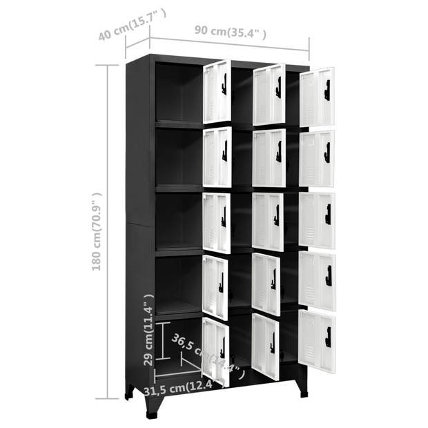 The Living Store Lockerkasten - Stalen opbergkast - Antraciet/Wit - 90x40x180 cm - 15 afsluitbare deuren