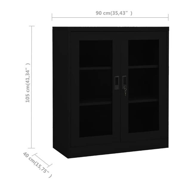 The Living Store Archiefkast - 90 x 40 x 105 cm - Staal - Gehard glas - Zwart - Met 2 deuren en verstelbare schappen