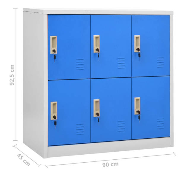 The Living Store Lockerkast - Staal - 90 x 45 x 92.5 cm - 6 lockers - Lichtgrijs en blauw