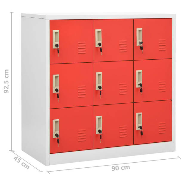 The Living Store Lockerkast Opbergkast - 90x45x92.5 cm - 9 lockers - Lichtgrijs en rood - Staal