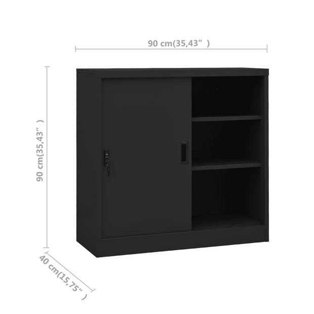 The Living Store Opbergkast - Stalen archiefkast 90x40x90 cm - Antraciet - Met schuifdeur