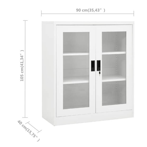 The Living Store Archiefkast - Staal - Wit - 90 x 40 x 105 cm - Gehard glas