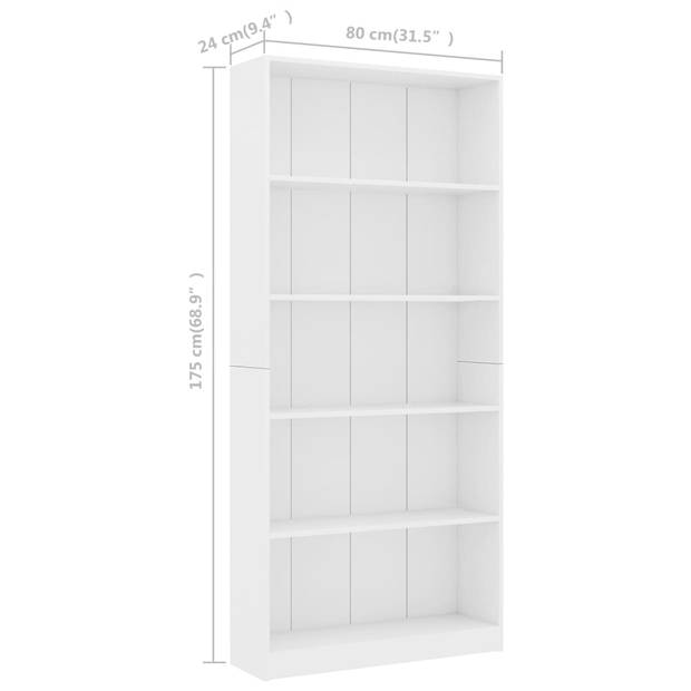 vidaXL Boekenkast met 5 schappen 80x24x175 cm bewerkt hout wit