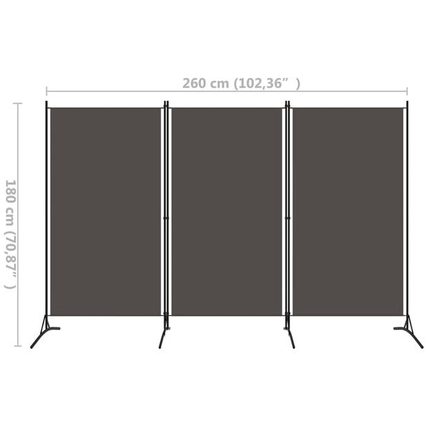 The Living Store Ruimteverdeler - 3-panelig - 260x180 cm - Antraciet - Stof - gepoedercoat ijzer