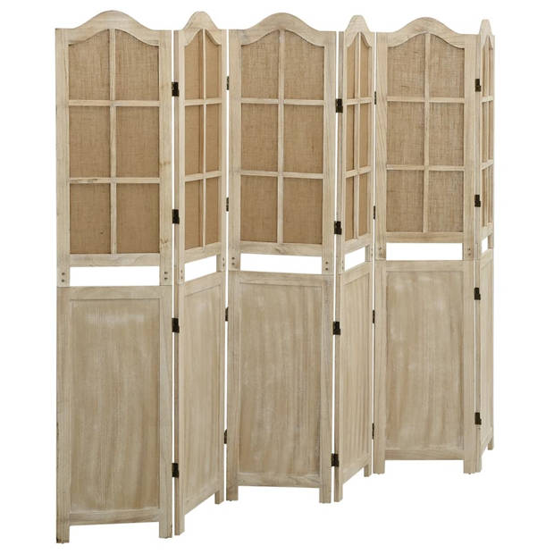 The Living Store Kamerscherm Vintage-Stijl - 214x165 cm - Bruin hout - Stof (40% katoen - 60% linnen)