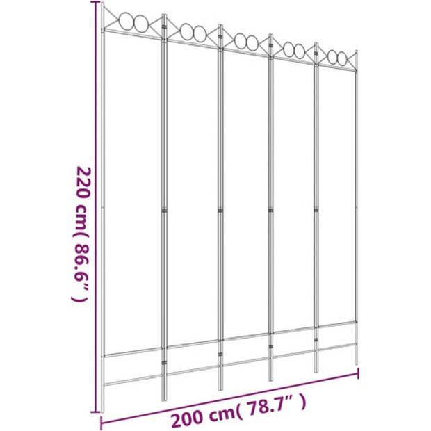 The Living Store Kamerscherm 5 Panelen - 200x220cm - Wit - Stof (100% polyester) en ijzer