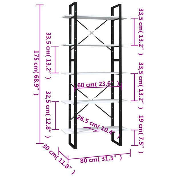 The Living Store Boekenkast Industrial - Hout/Metaal - Wit - 80x30x105cm/80x30x70cm