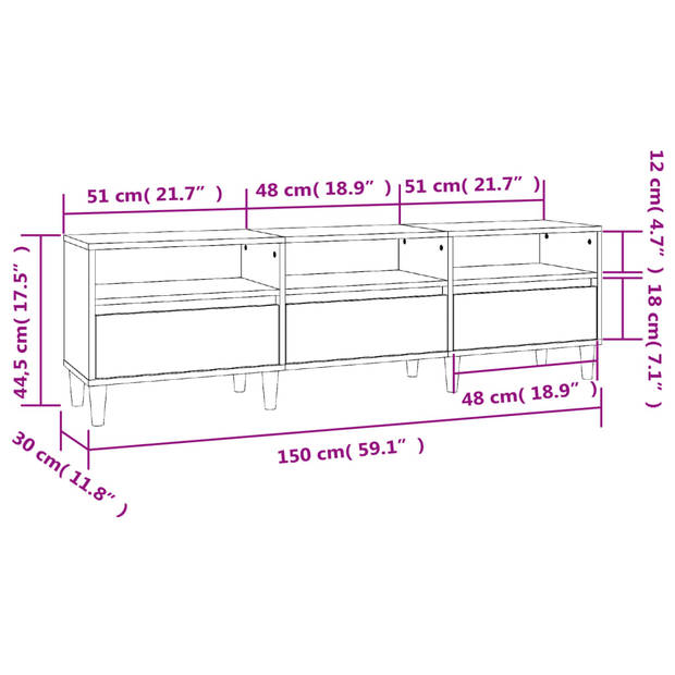 The Living Store TV-kast Classic - 150x30x44.5 cm - zwart hout - Veel opbergruimte - duurzaam materiaal -