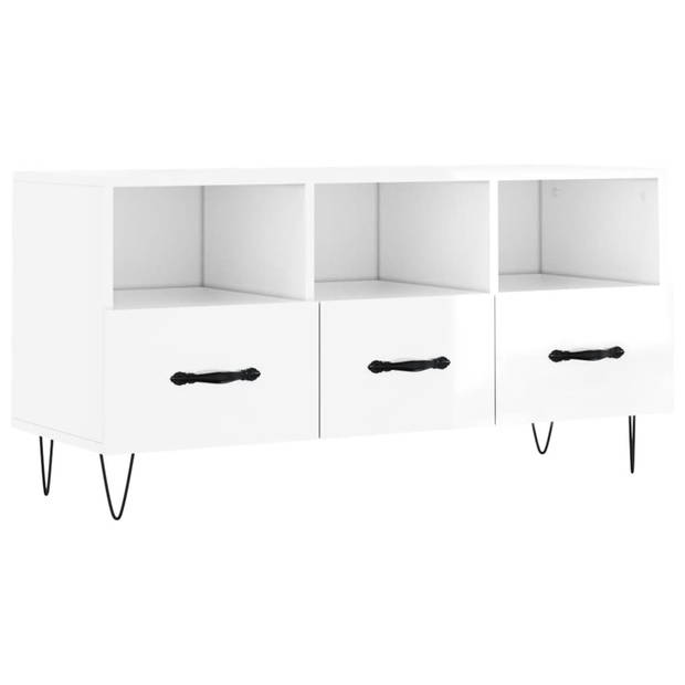 The Living Store Televisiekast Trendy - Hoogglans wit - 102 x 36 x 50 cm - 3 vakken en 3 lades - Bewerkt hout en ijzer