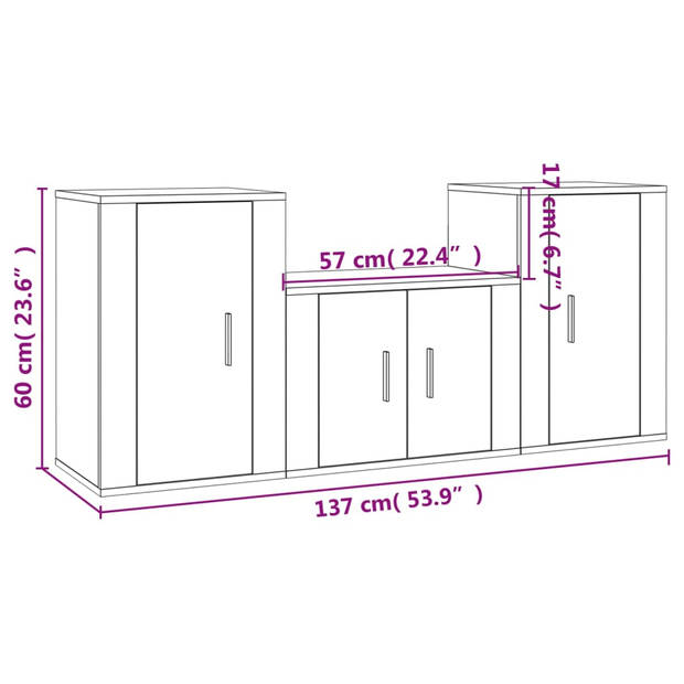 The Living Store Televisiekastenset - Bruineiken - 1x 57x34.5x40 cm / 2x 40x34.5x60 cm - Trendy design