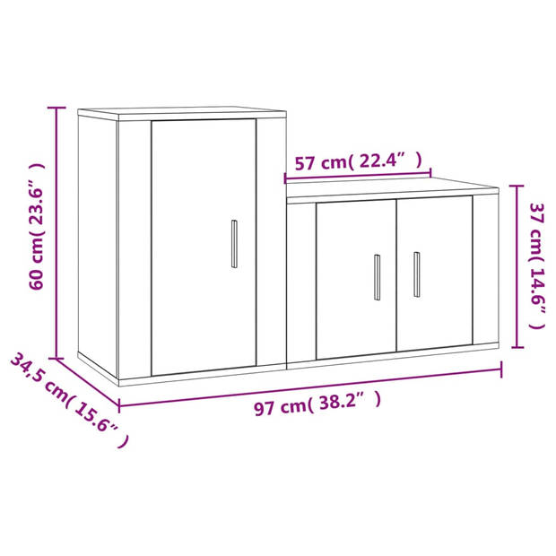 The Living Store Televisiekastenset - Grijs Sonoma Eiken - 57 x 34.5 x 40 cm en 40 x 34.5 x 60 cm - Wandgemonteerd