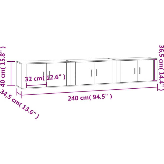 The Living Store TV-wandmeubel - Betongrijs - Set van 3 - 80 x 34.5 x 40 cm (B x D x H)