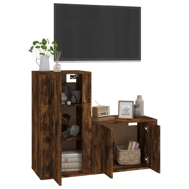 The Living Store Tv-meubelset Gerookt Eiken - Wandgemonteerd - 57x34.5x40cm - 40x34.5x80cm - Hoogwaardig hout