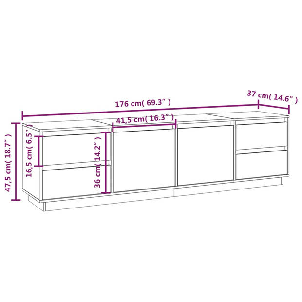 vidaXL Tv-meubel 176x37x47,5 cm massief grenenhout grijs