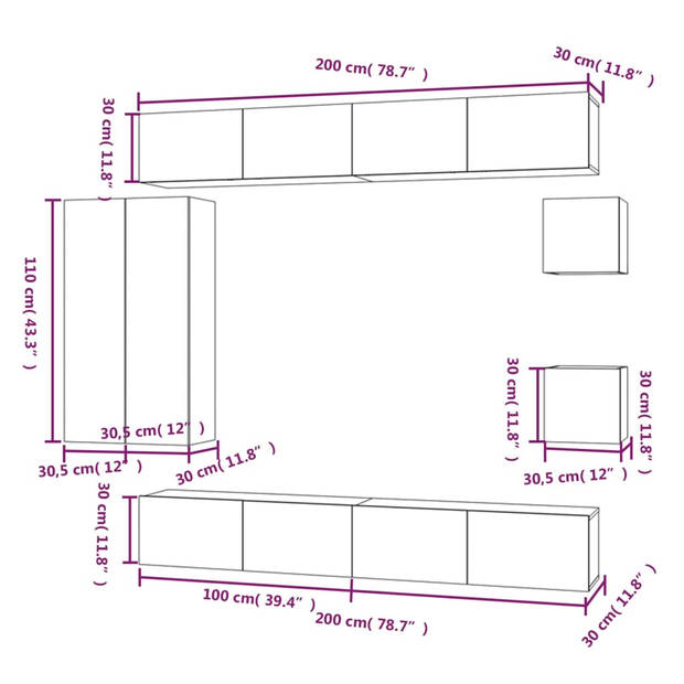 The Living Store Klassieke Televisiekastenset - 4x 100x30x30cm - 2x 30.5x30x110cm - 2x 30.5x30x30cm - Sonoma Eiken