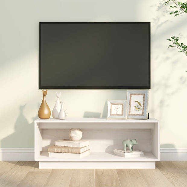 The Living Store Zwevend TV-meubel - Grenenhout - Wit - 90x35x35 cm - Opbergruimte - Display functie