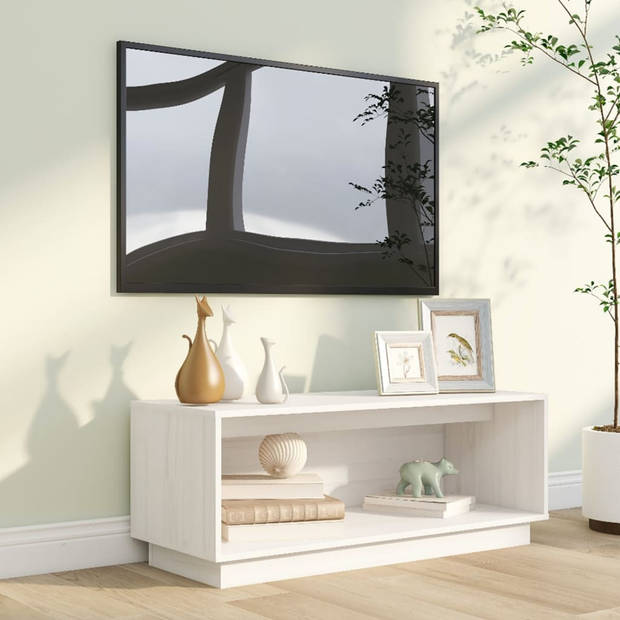 The Living Store Zwevend TV-meubel - Grenenhout - Wit - 90x35x35 cm - Opbergruimte - Display functie