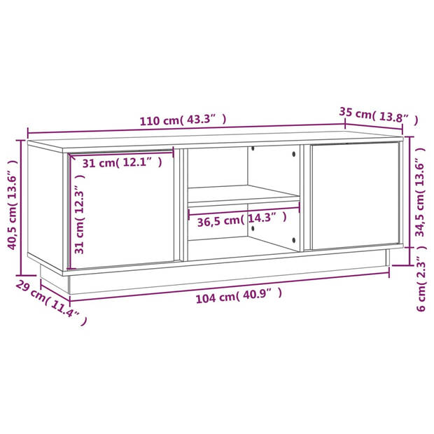 vidaXL Tv-meubel 110x35x40,5 cm massief grenenhout grijs