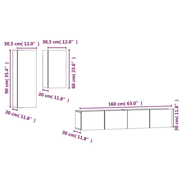 The Living Store Klassieke televisiekastenset - TV-meubel 30.5x30x90 cm - 30.5x30x60 cm - 80x30x30 cm - Gerookt eiken