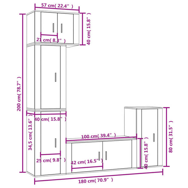 The Living Store TV-meubel set - Hoogglans wit - 1x 57x34.5x40 cm - 3x 40x34.5x80 cm - 1x 100x34.5x40 cm