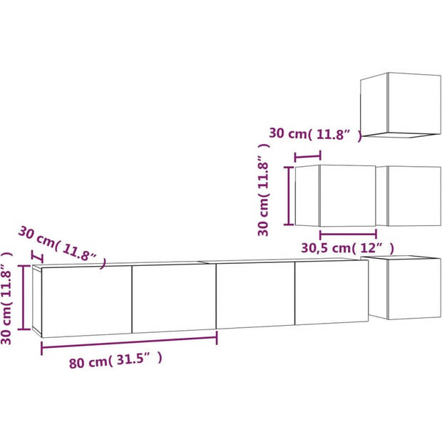 The Living Store TV-meubelset bruineiken - - Wandmeubel - 30.5x30x30 cm - 80x30x30 cm - Duurzaam hout