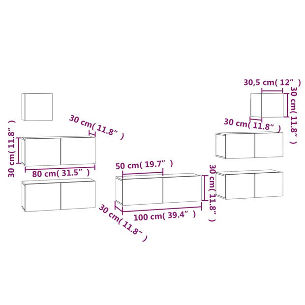 The Living Store Tv-meubelset - Klassiek - Wandgemonteerd - Zwart - 80x30x30 cm - 100x30x30 cm - 30.5x30x30 cm