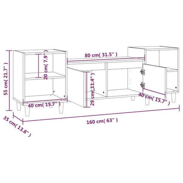 The Living Store TV-kast - Zwarte bewerkt houten media-meubel - 160 x 35 x 55 cm