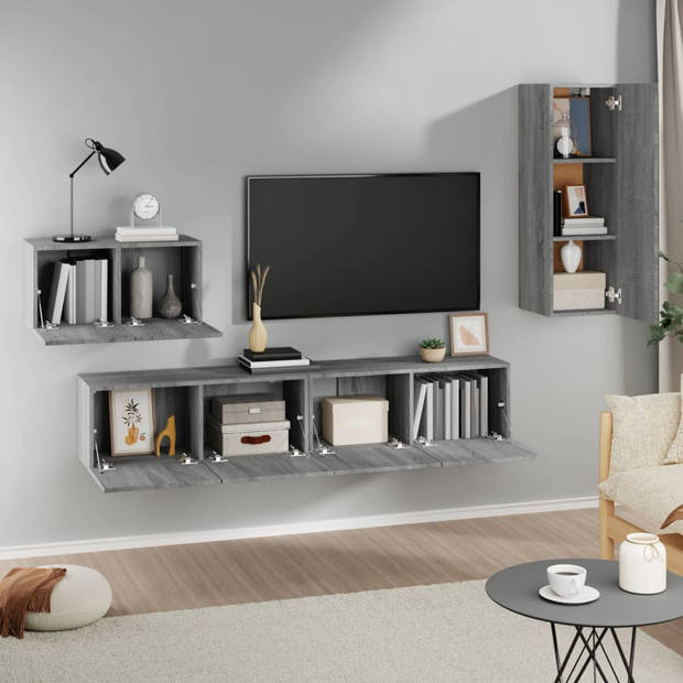 The Living Store Televisiemeubel Set - Klassiek Grijs Sonoma Eiken - 2x 80x30x30cm - 1x 60x30x30cm - 1x 30.5x30x90cm