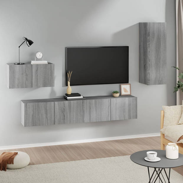 The Living Store Televisiemeubel Set - Klassiek Grijs Sonoma Eiken - 2x 80x30x30cm - 1x 60x30x30cm - 1x 30.5x30x90cm