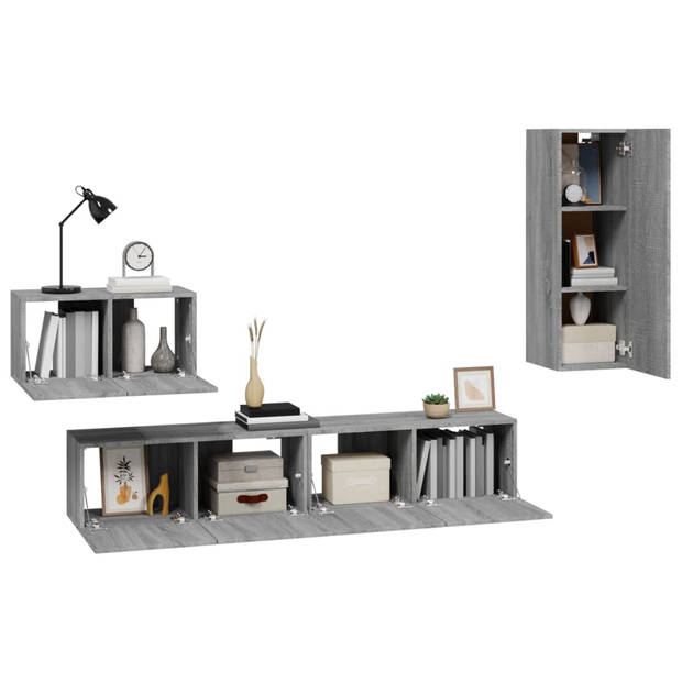 The Living Store Televisiemeubel Set - Klassiek Grijs Sonoma Eiken - 2x 80x30x30cm - 1x 60x30x30cm - 1x 30.5x30x90cm