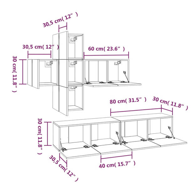 The Living Store TV-meubelset Sonoma Eiken - 30.5x30x30cm - 60x30x30cm - 80x30x30cm - Stevig - praktisch en