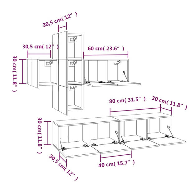 The Living Store TV-meubelset - Grijs Sonoma Eiken - 4x30x30cm + 1x60x30x30cm + 2x80x30x30cm - Trendy en praktisch