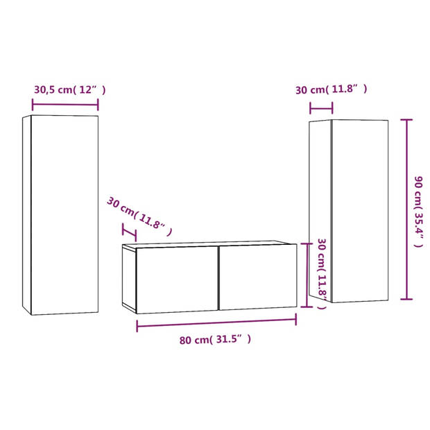 The Living Store TV Meubelset - Klassieke Bruineiken - 80x30x30 cm / 30.5x30x90 cm