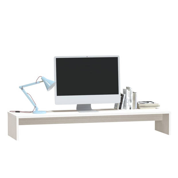 The Living Store Monitorstandaard - Grenenhouten Bureaukast - Wit - 100 x 27 x 15 cm