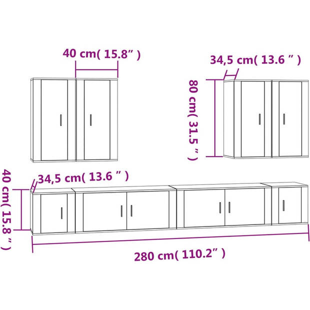 The Living Store TV-Meubel Set - Hout - Wandgemonteerd - Wit - 6 delig - 100x34.5x40 cm - 40x34.5x40 cm - 40x34.5x80 cm