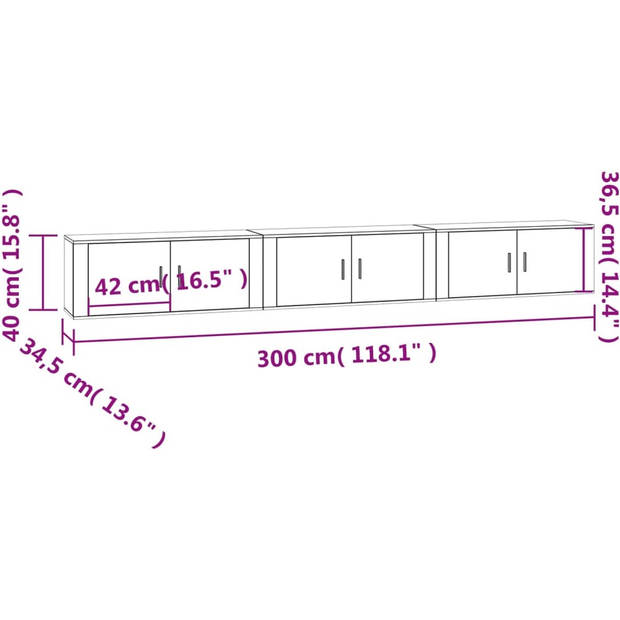 The Living Store Televisiewandmeubel - TV-kast wit 100x34.5x40 cm - 3 stuks