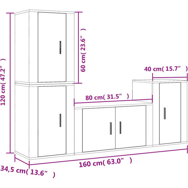 The Living Store TV-meubelset - Klassiek - Hoogglans wit - 80x34.5x40cm - 40x34.5x60cm - Hoge kwaliteit hout