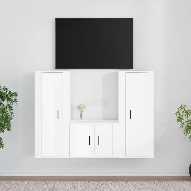 The Living Store TV-meubel set - Klassiek - Hoogglans wit - 2x40x34.5x100cm - 1x57x34.5x40cm - Bewerkt hout