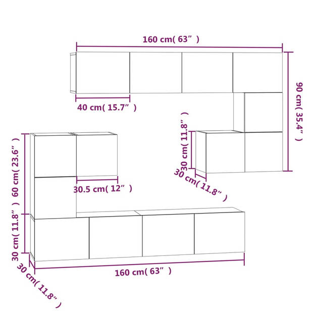 The Living Store TV-meubelset - Betongrijs - 30.5 x 30 x 30 cm (S) 60 x 30 x 30 cm (M) 80 x 30 x 30 cm (L) - Bewerkt