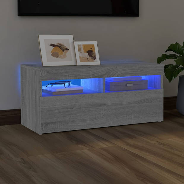 The Living Store TV-meubel Sonoma Eiken - 90 x 35 x 40 cm - LED-verlichting - Bewerkt Hout